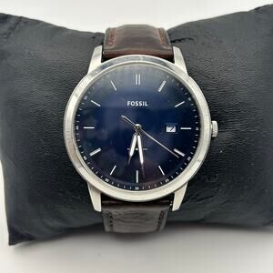 Fossil Minimalist Solar-Powered Watch Blue Dial Brown Leather Working